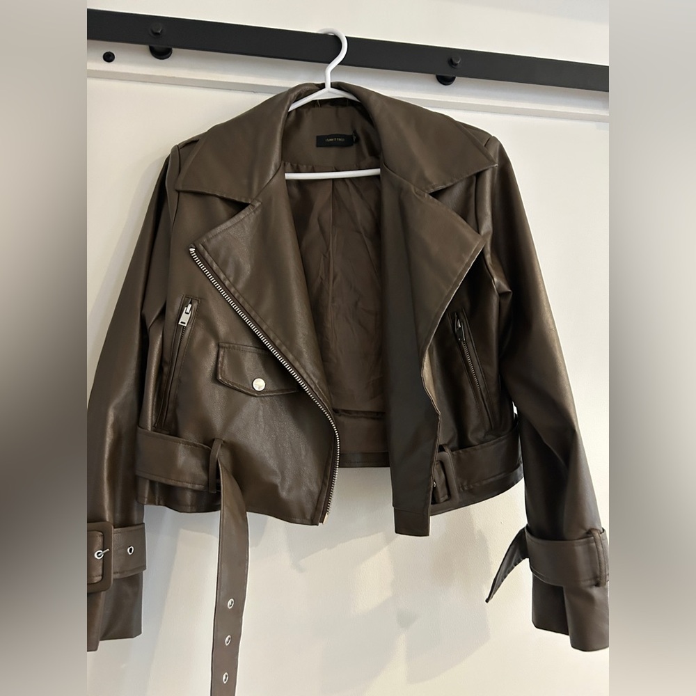 Brown Leather Moto Jacket with Asymmetrical Zipper